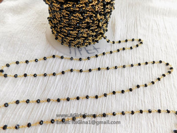 22 k Gold Black Rosary Chain, 4mm Beaded Rosary Chain CH #343, Wire Wrapped Rondelle Beads
